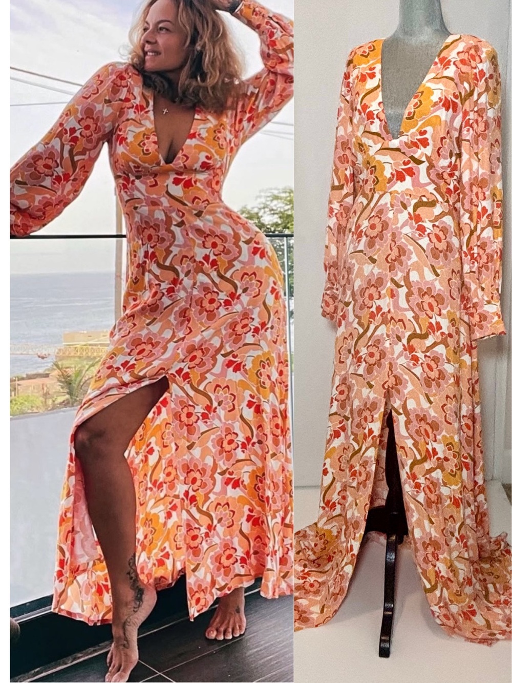 AFRM Shilo Pink & Orange Floral V-Neck Maxi Dress with Open Back SZ M - Picture 2 of 11